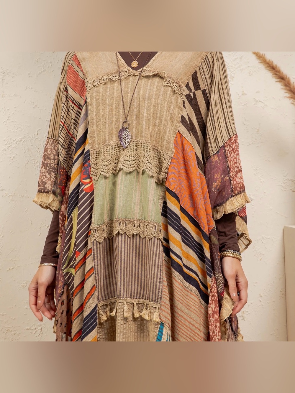 Young Threads Bohemian Fringe Patchwork Poncho Shrug - Picture 4 of 6